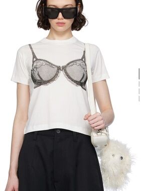 White Graphic Crop T-Shirt with Bra Print
